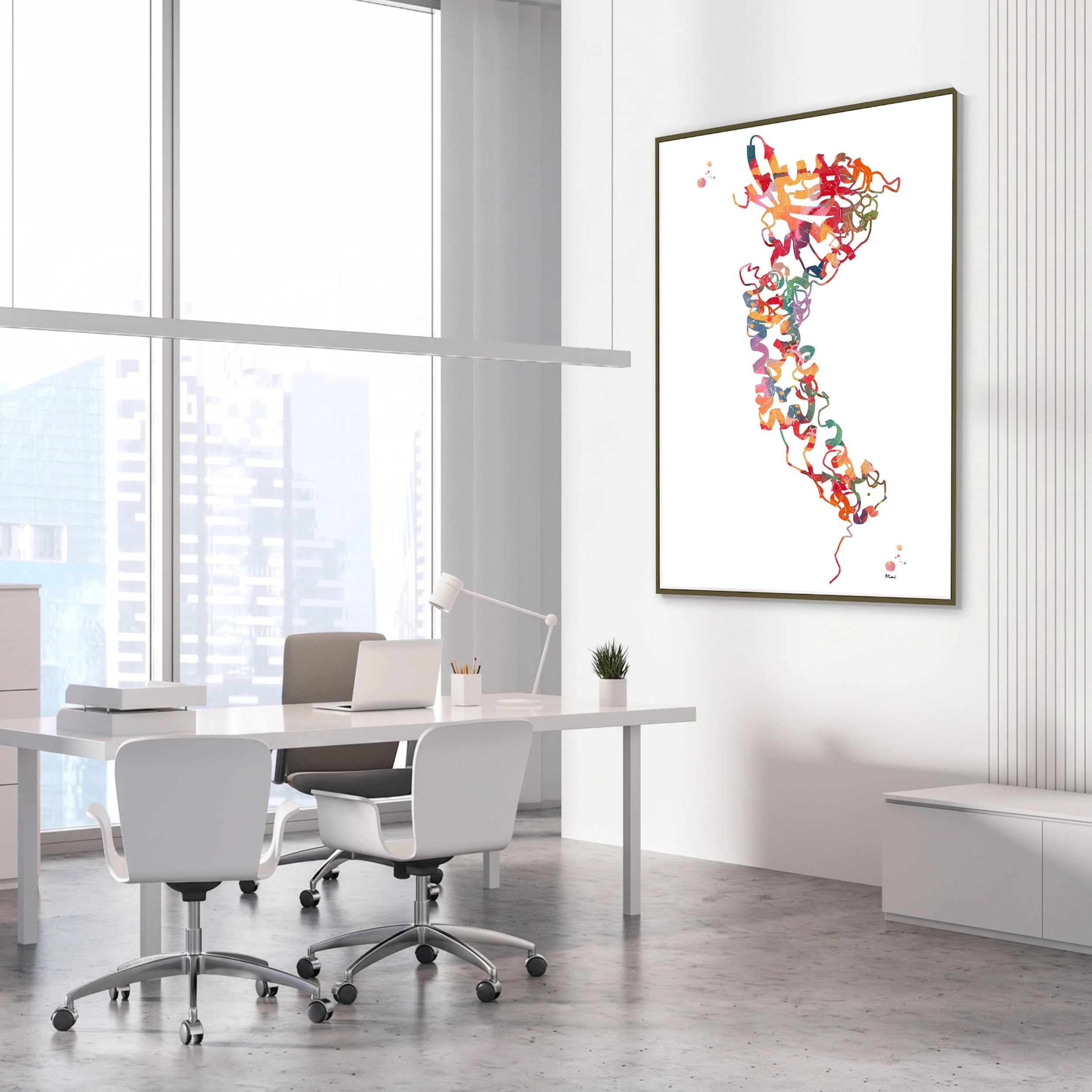 Framed human protein molecular structure watercolor print in a science laboratory office
