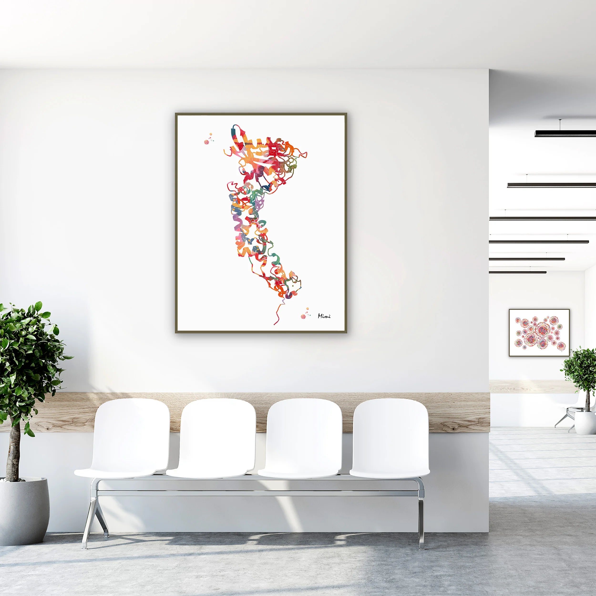 Framed human protein molecular structure watercolor print in a clinic waiting room