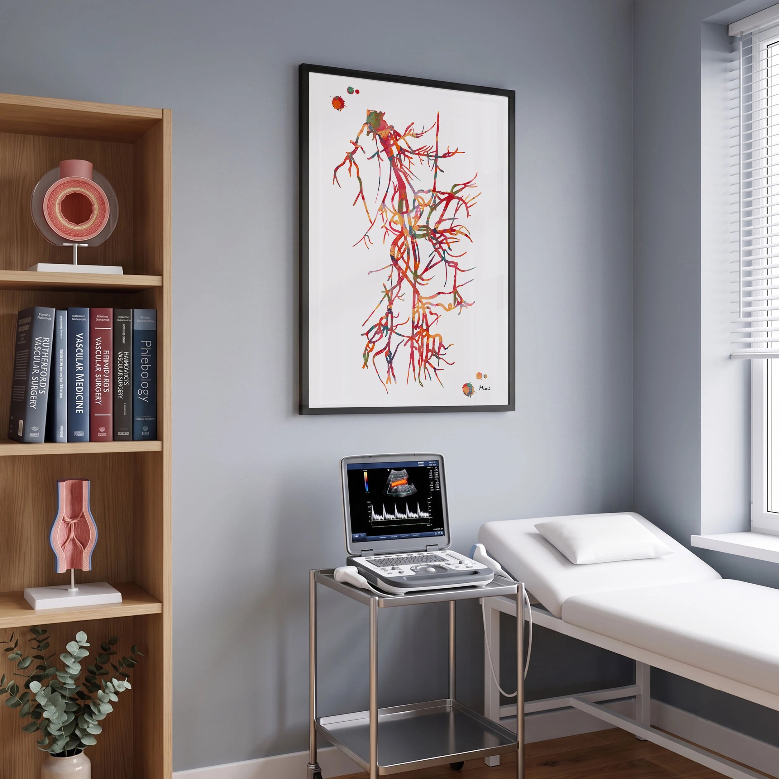 Framed iliac and femoral artery angiogram watercolor print in a vascular clinic