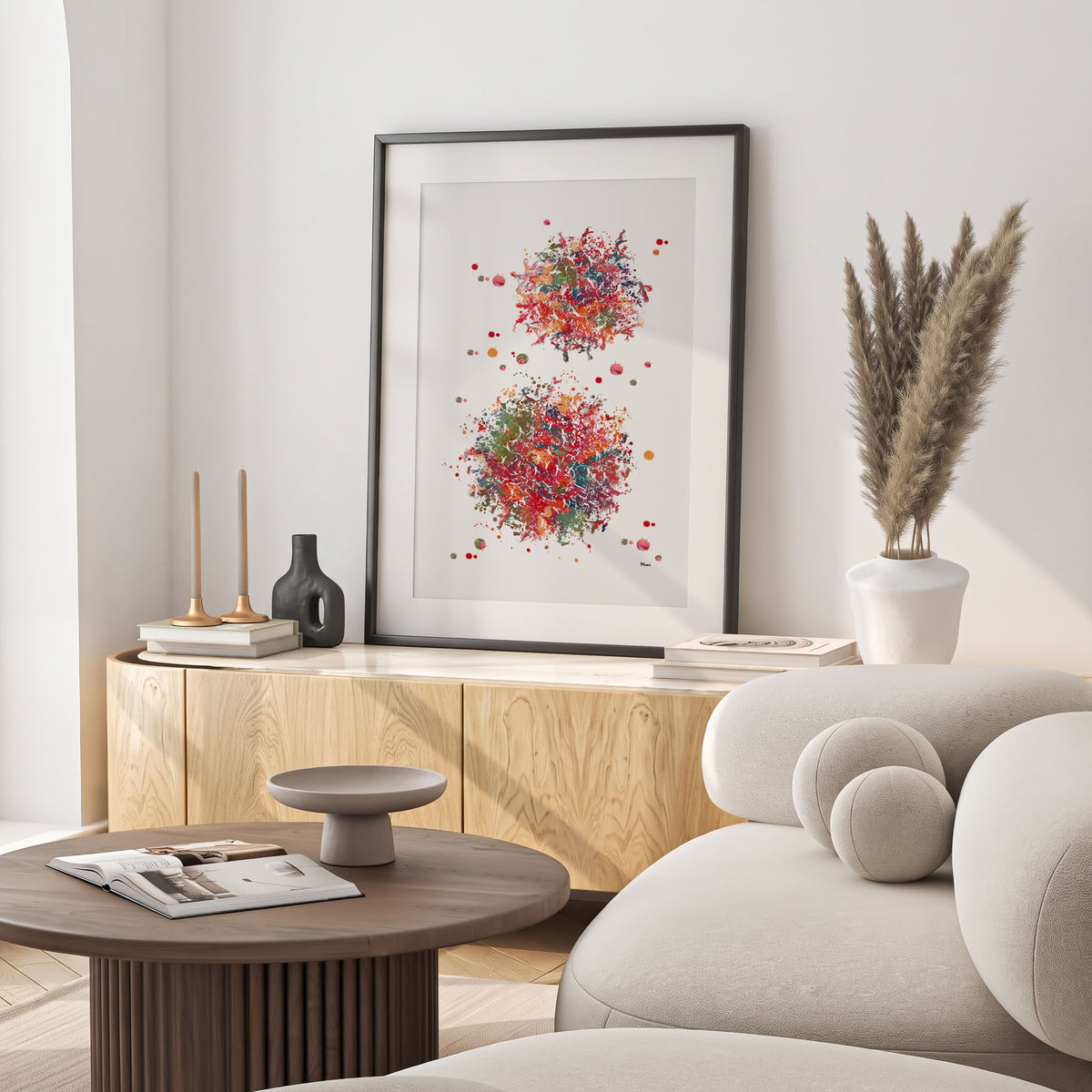 Framed immune system t-lymphocytes watercolor print in a warm living room