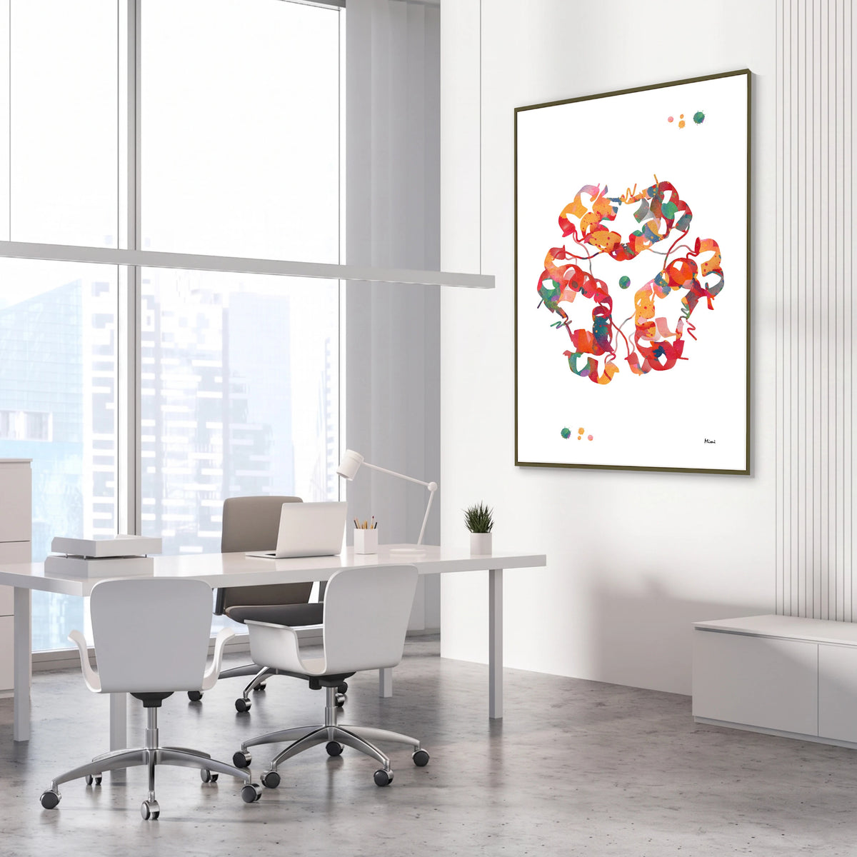 Framed insulin molecular structure watercolor print in a science laboratory office