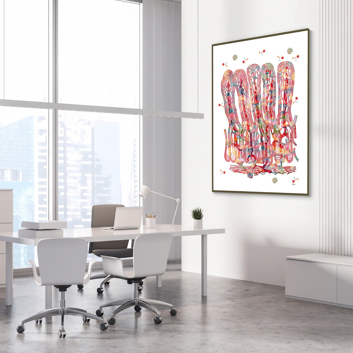 Framed intestinal villi watercolor print in a gastroenterology clinic