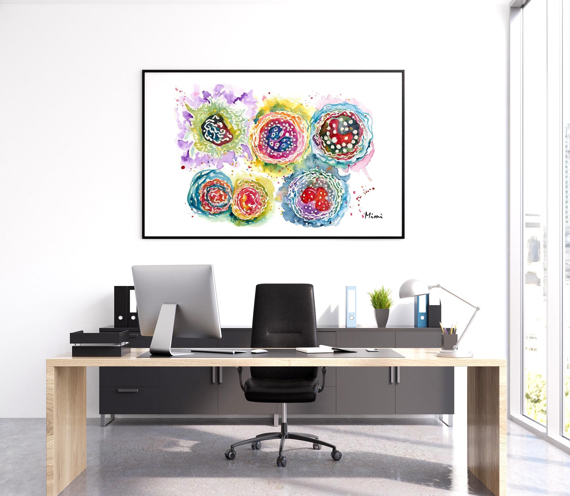 Modern doctor's office desk with a colorful white blood cells painting on the wall.