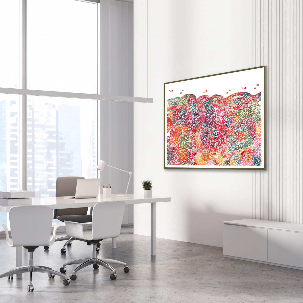 Framed liver tissue histology watercolor print in a gastroenterology clinic