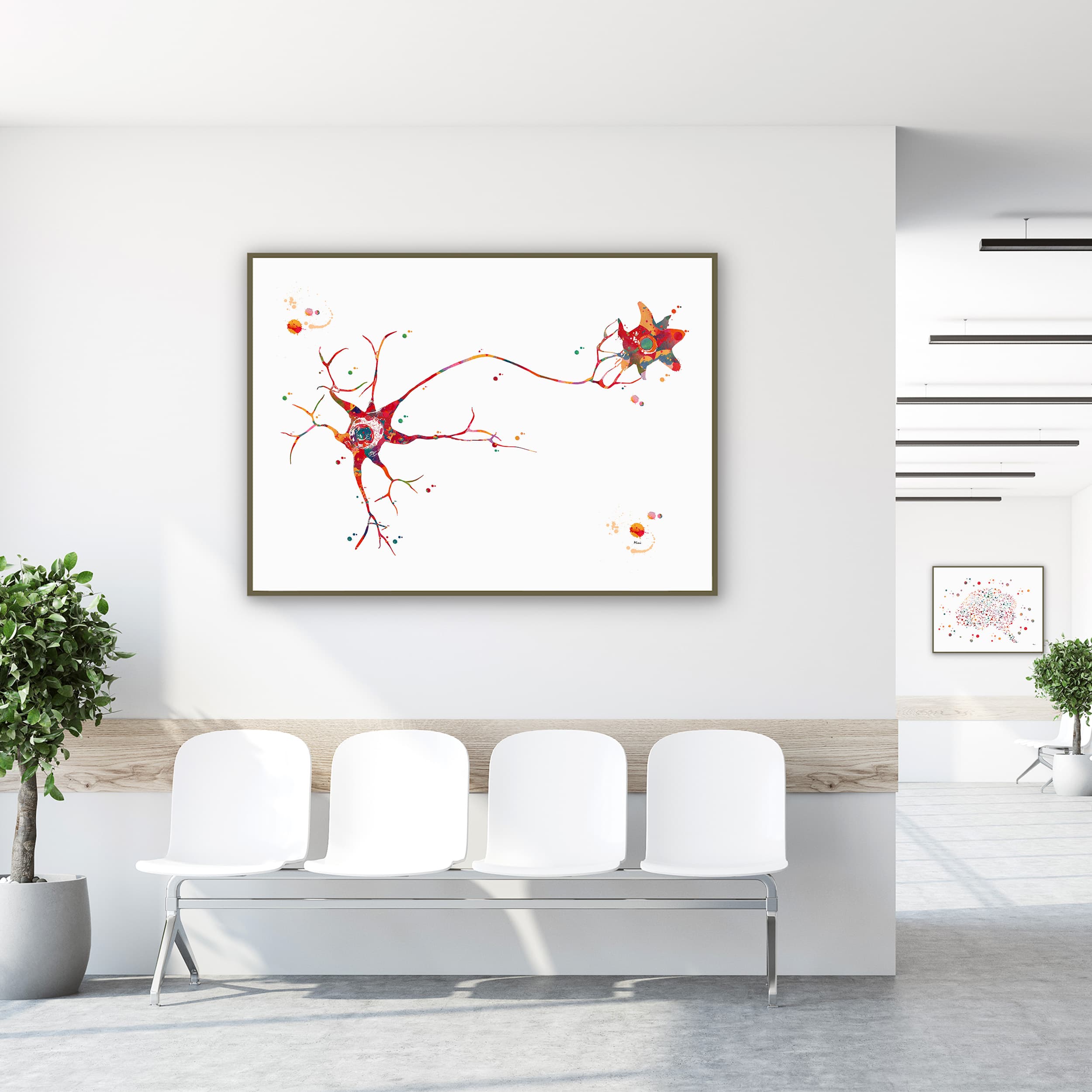 Framed multipolar neuron watercolor print in a clinic waiting room