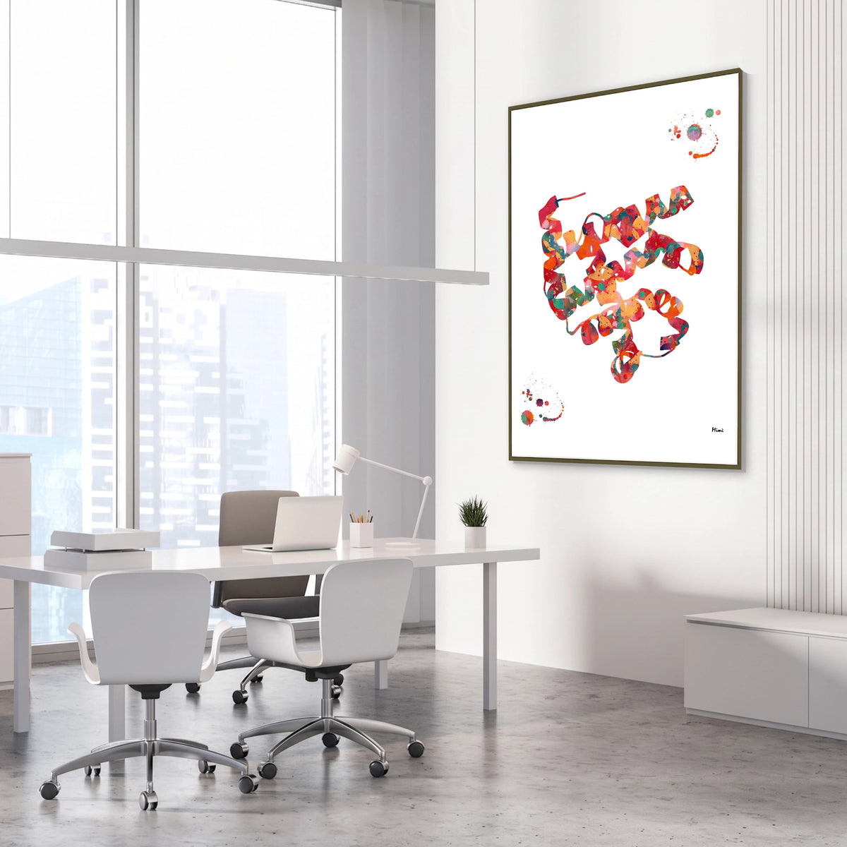 Framed myoglobin protein watercolor print in a science laboratory office