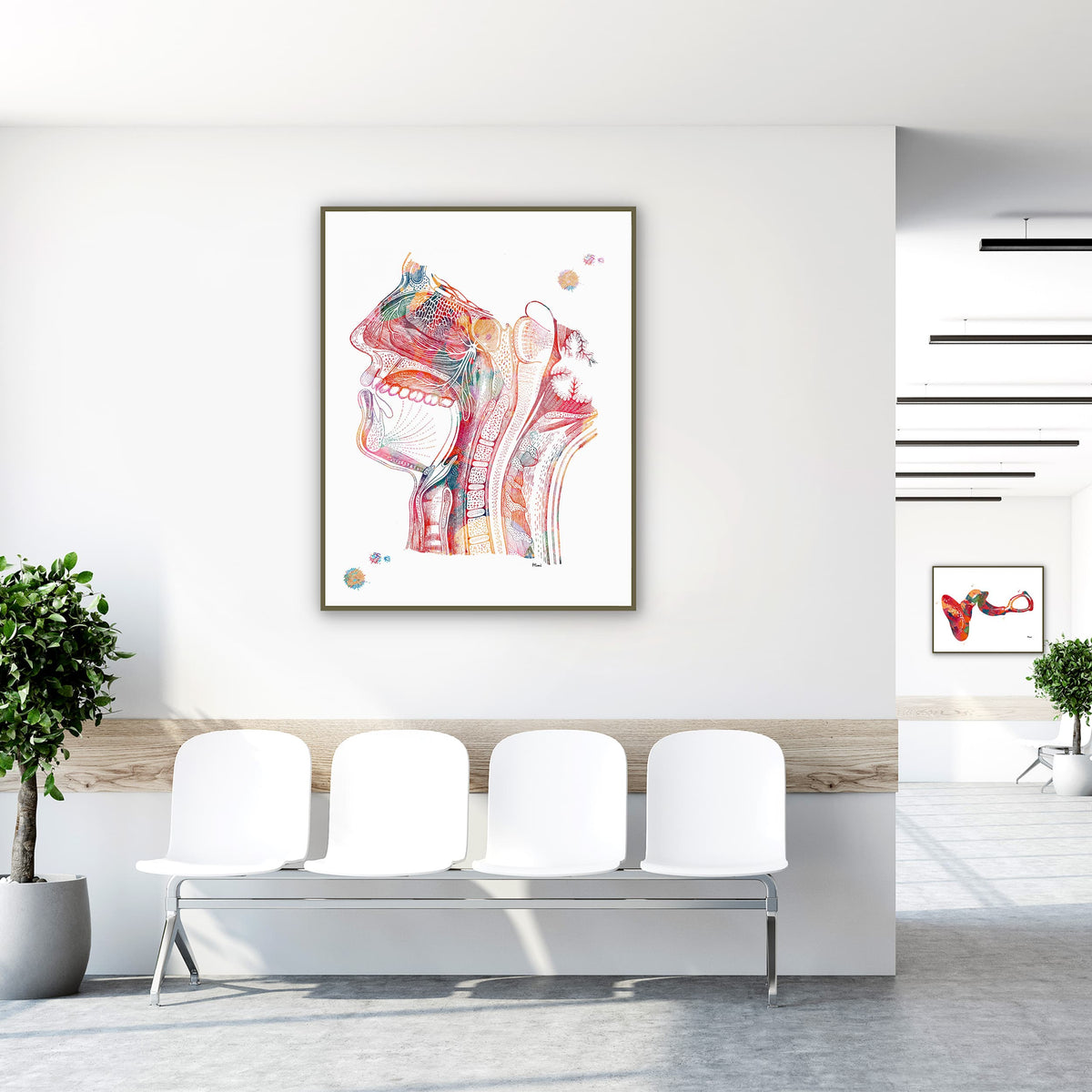 Framed nose mouth throat watercolor print in a clinic waiting room