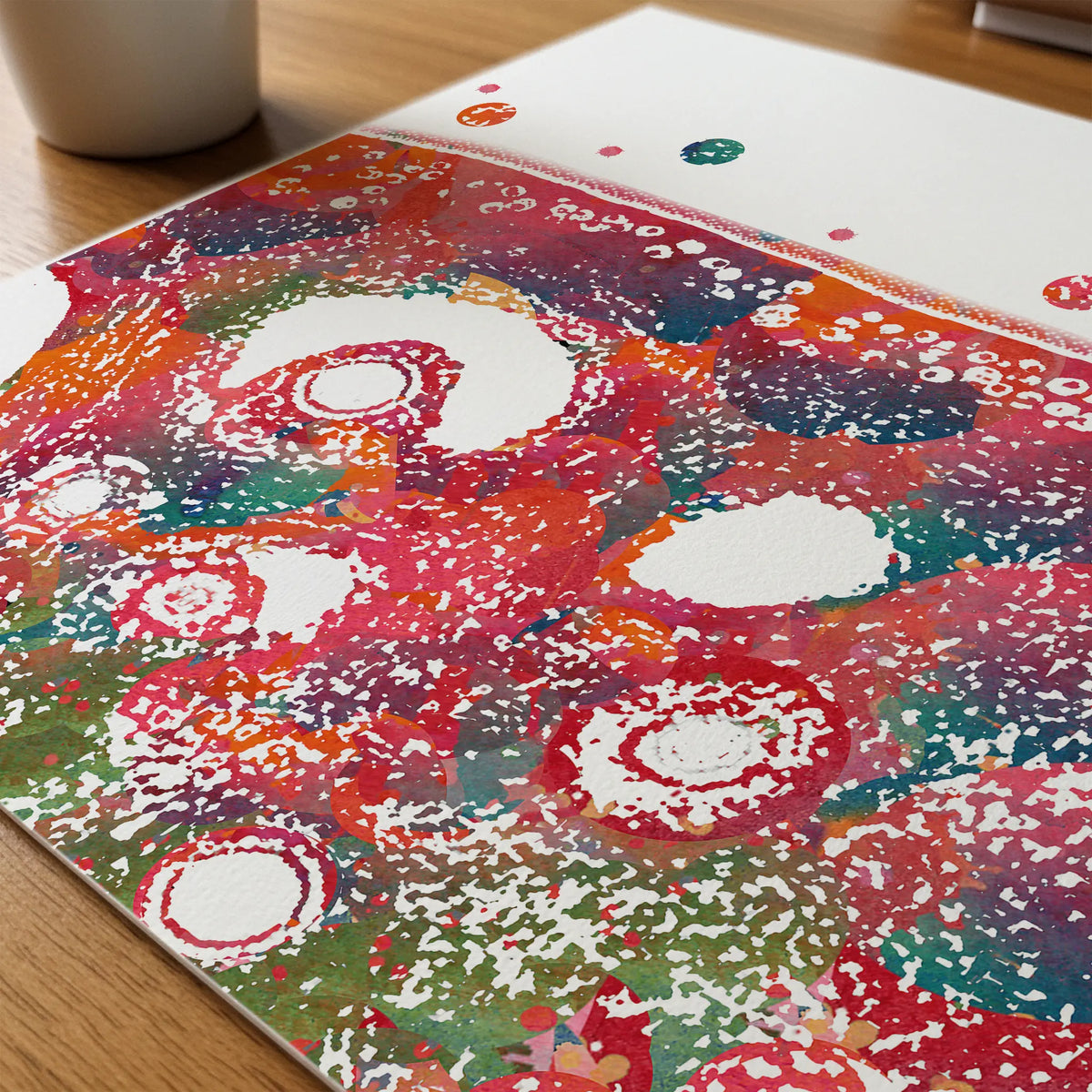 Close-up of ovary cross-section histology watercolor print showing paper texture and grain