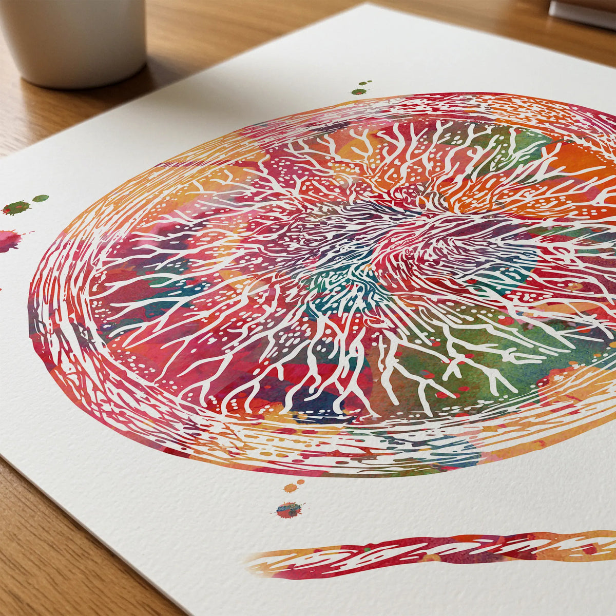Close-up of placenta anatomy watercolor print showing paper texture and grain