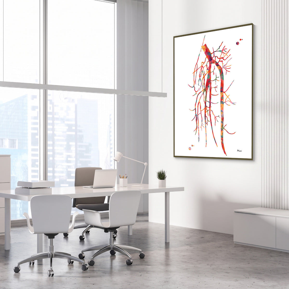 Framed popliteal artery angiogram watercolor print in a vascular clinic