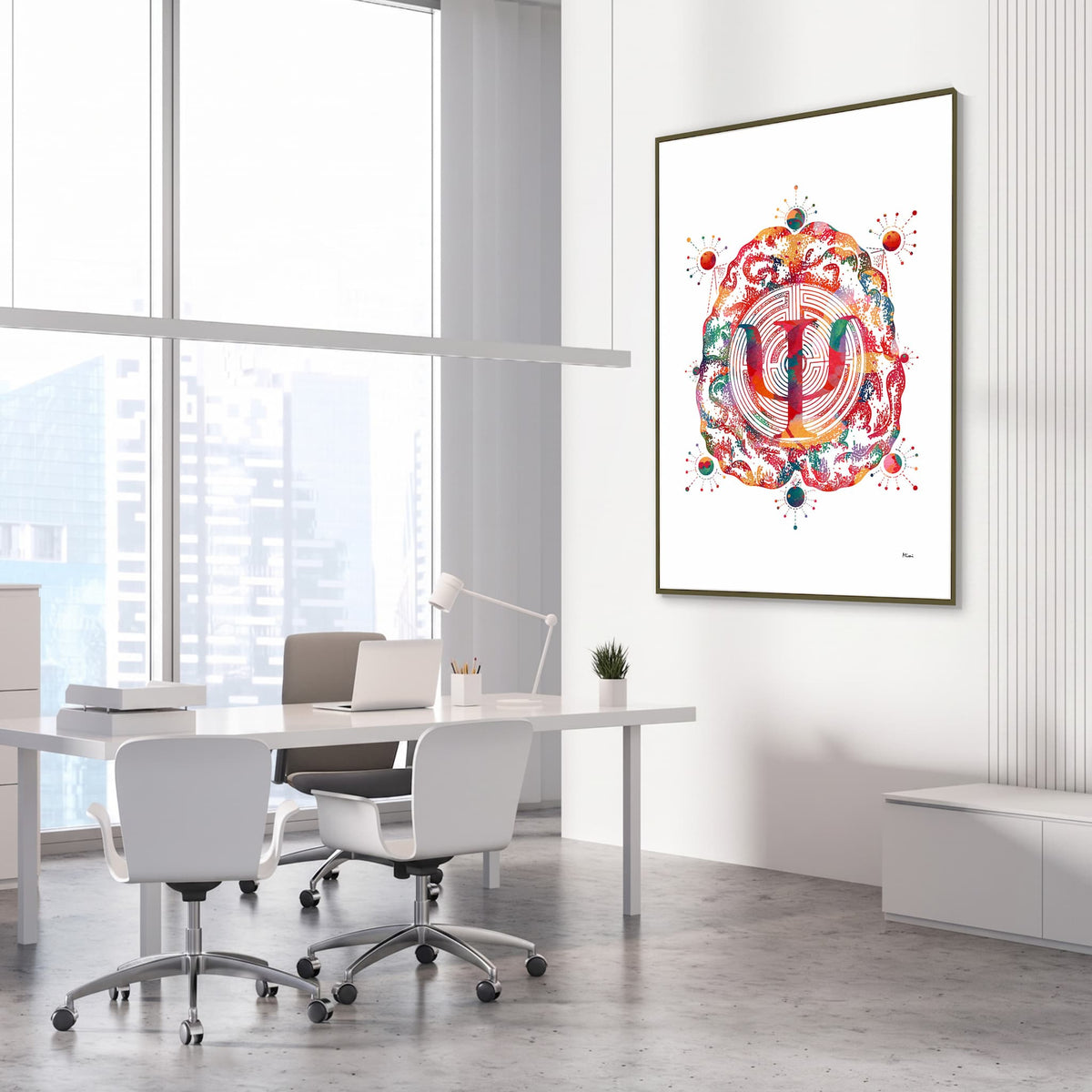 Framed psychology & psychotherapy watercolor print in a clinic