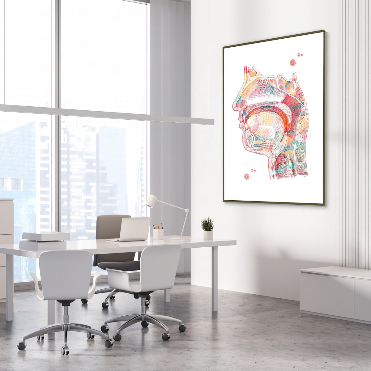 Framed respiratory system watercolor print in an ENT clinic