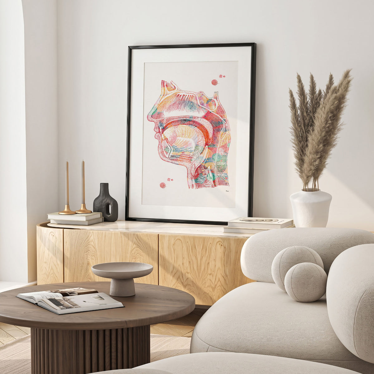 Framed respiratory system watercolor print in a warm living room