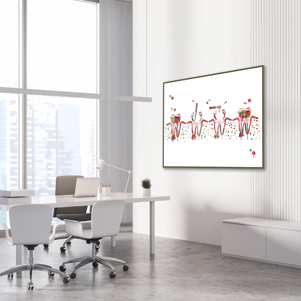 Framed root canal procedure watercolor print in a dental clinic