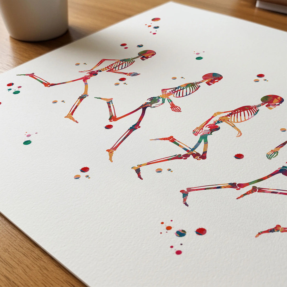 Close-up of running phases anatomy watercolor print showing paper texture and grain