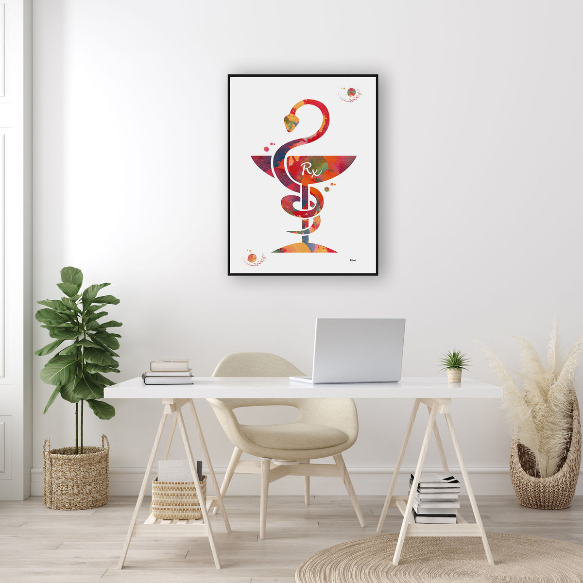 rx caduceus watercolor print hanging in a pharmacist office