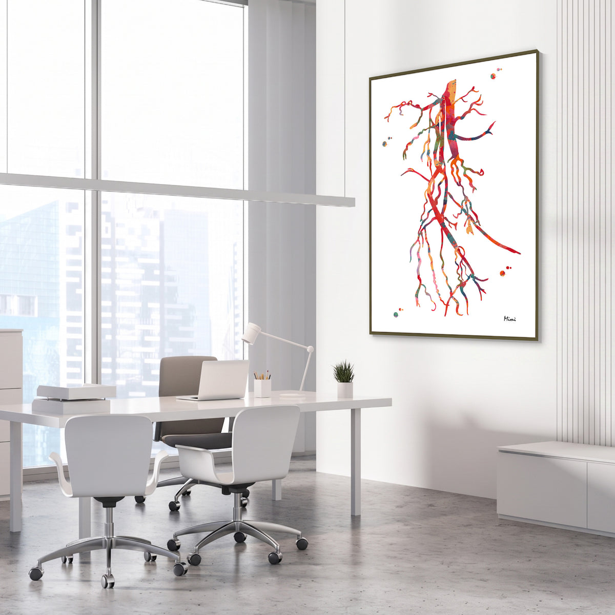 Framed superficial femoral artery (SFA) occlusion angiogram watercolor print in a vascular clinic