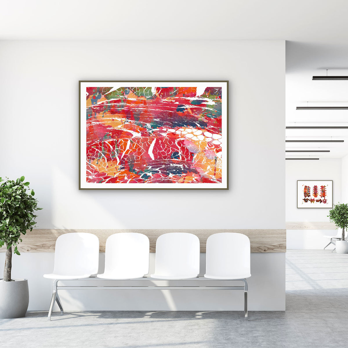 Framed skeletal muscle histology watercolor print in a clinic waiting room