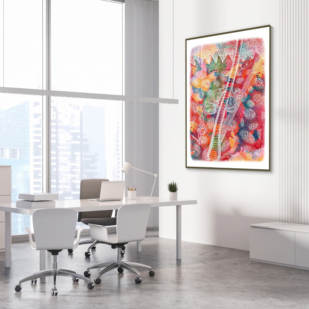 Framed skin anatomy watercolor print in a dermatology clinic