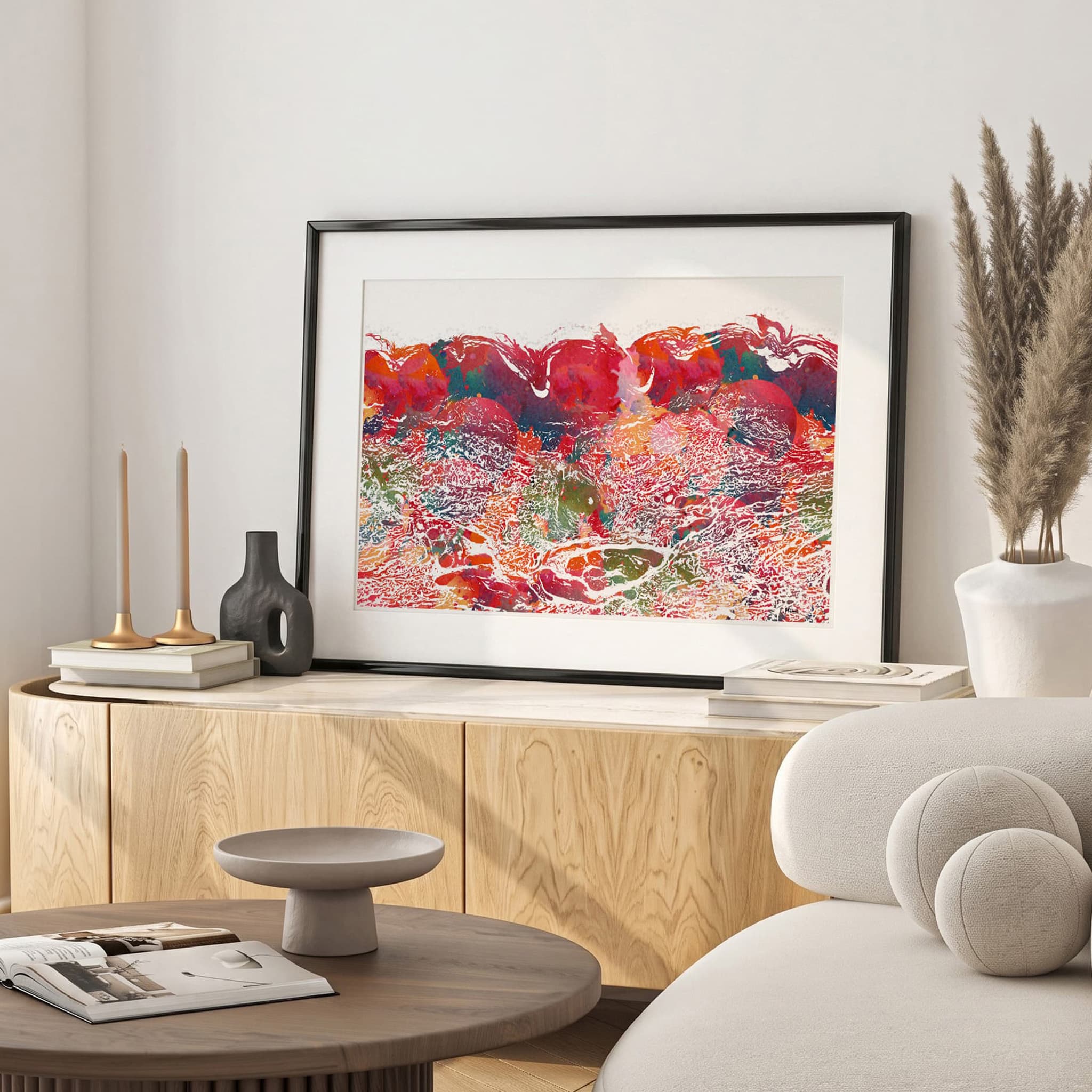 Framed skin histology watercolor print in a warm living room
