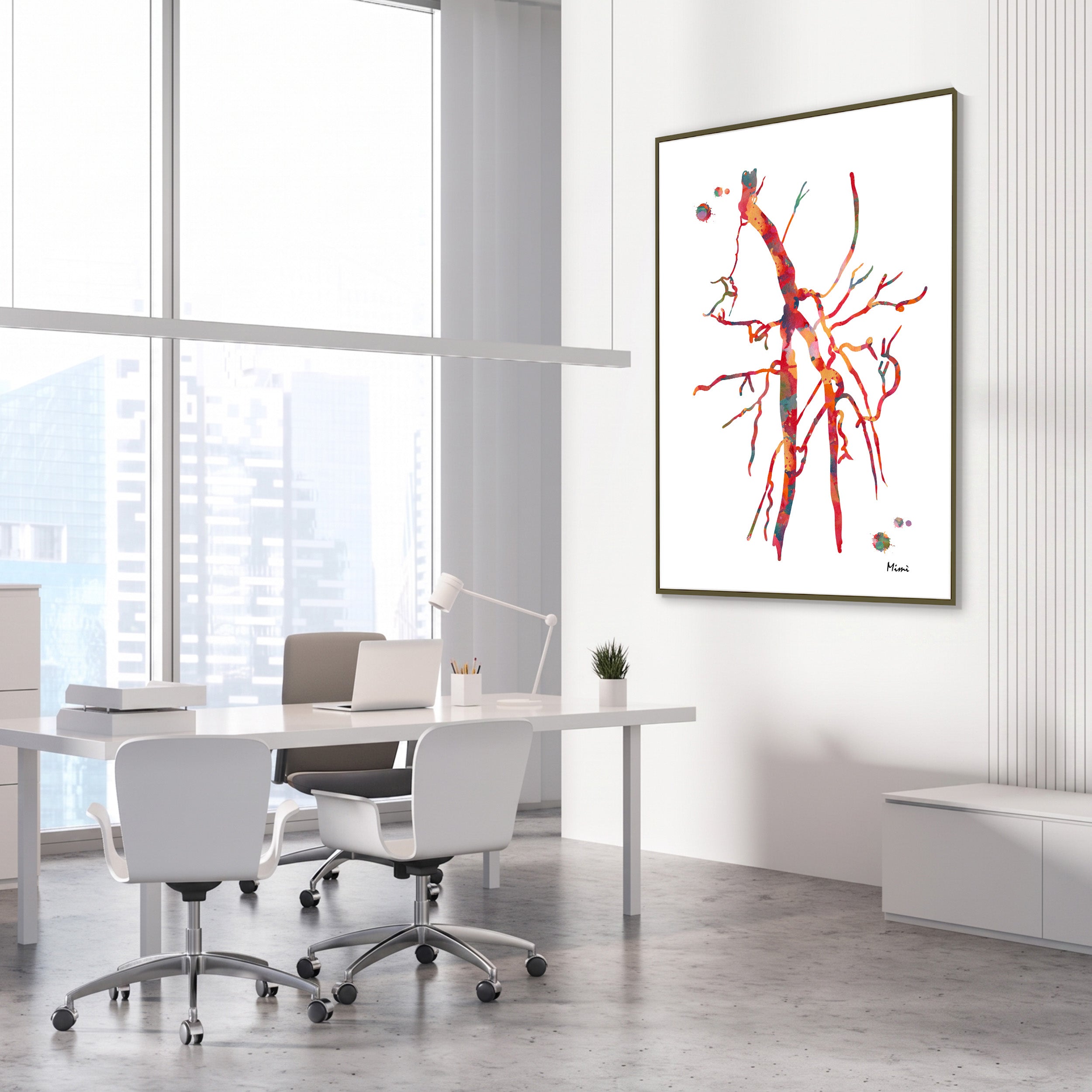 Framed SPF femoral artery occlusion angiogram watercolor print in a vascular clinic
