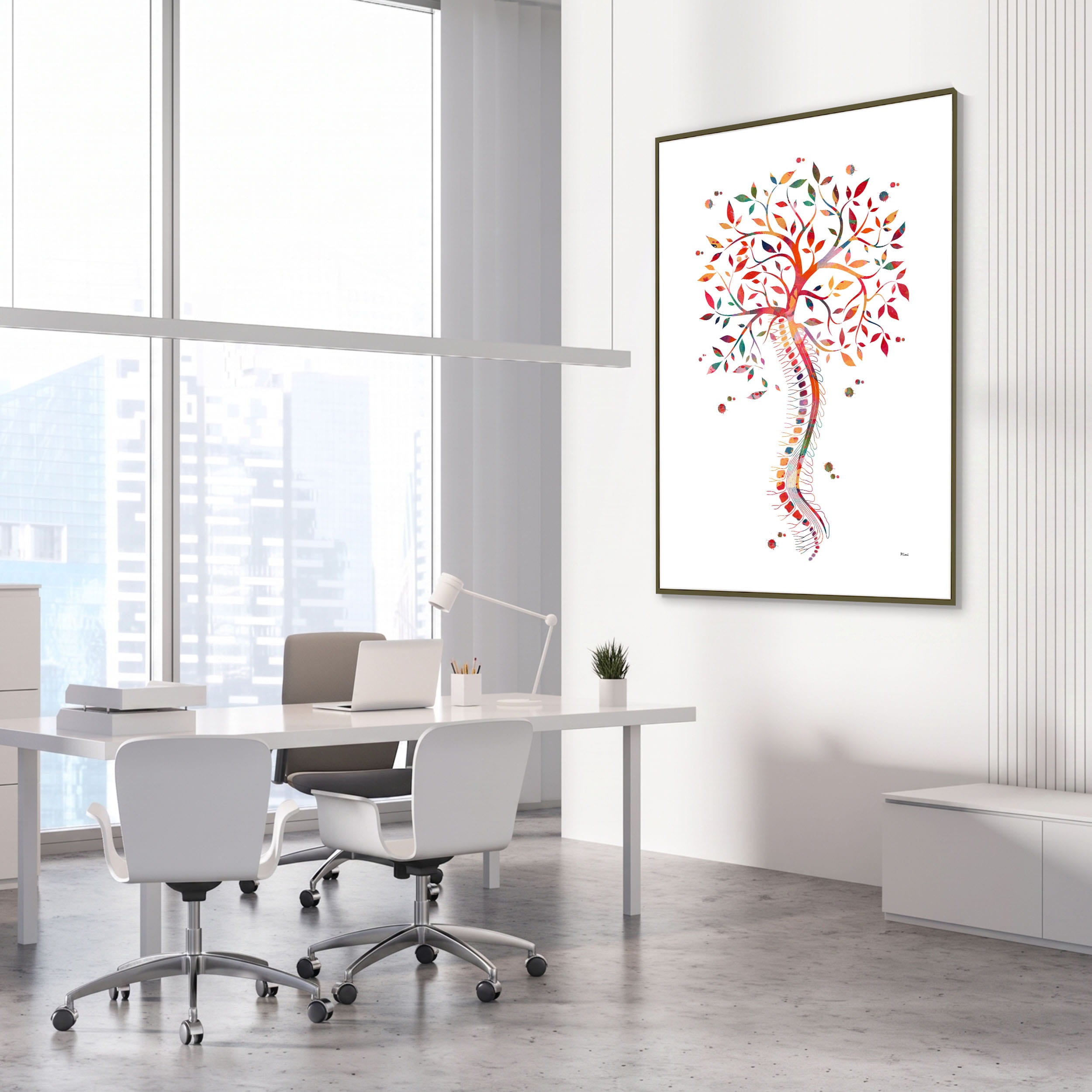 Framed spine tree of life watercolor print in an orthopedic clinic