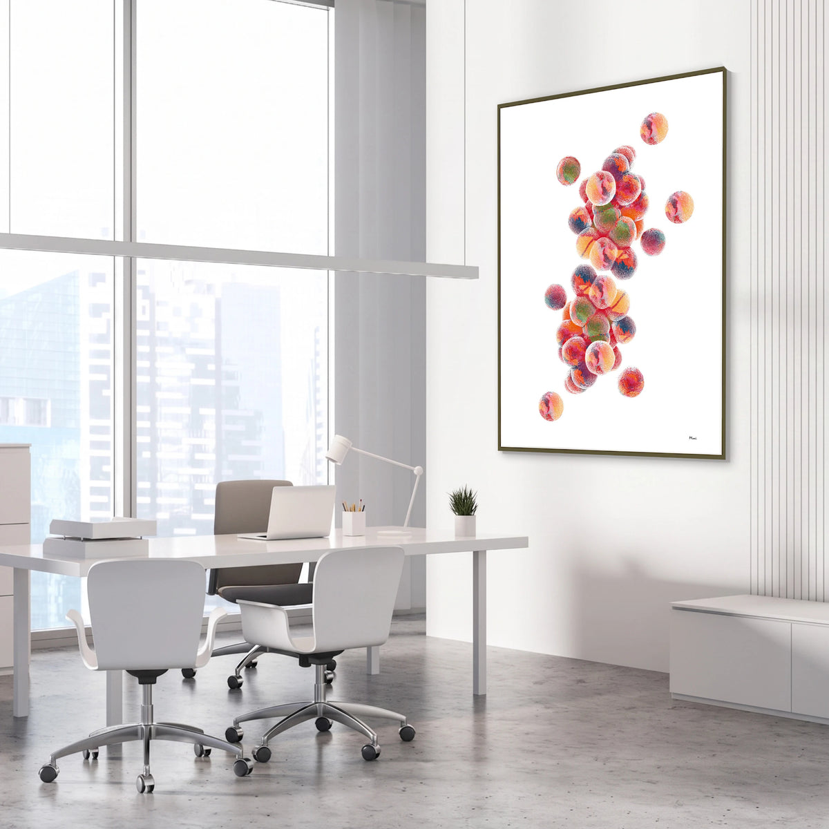 Framed staphylococcus aureus watercolor print in a science laboratory office