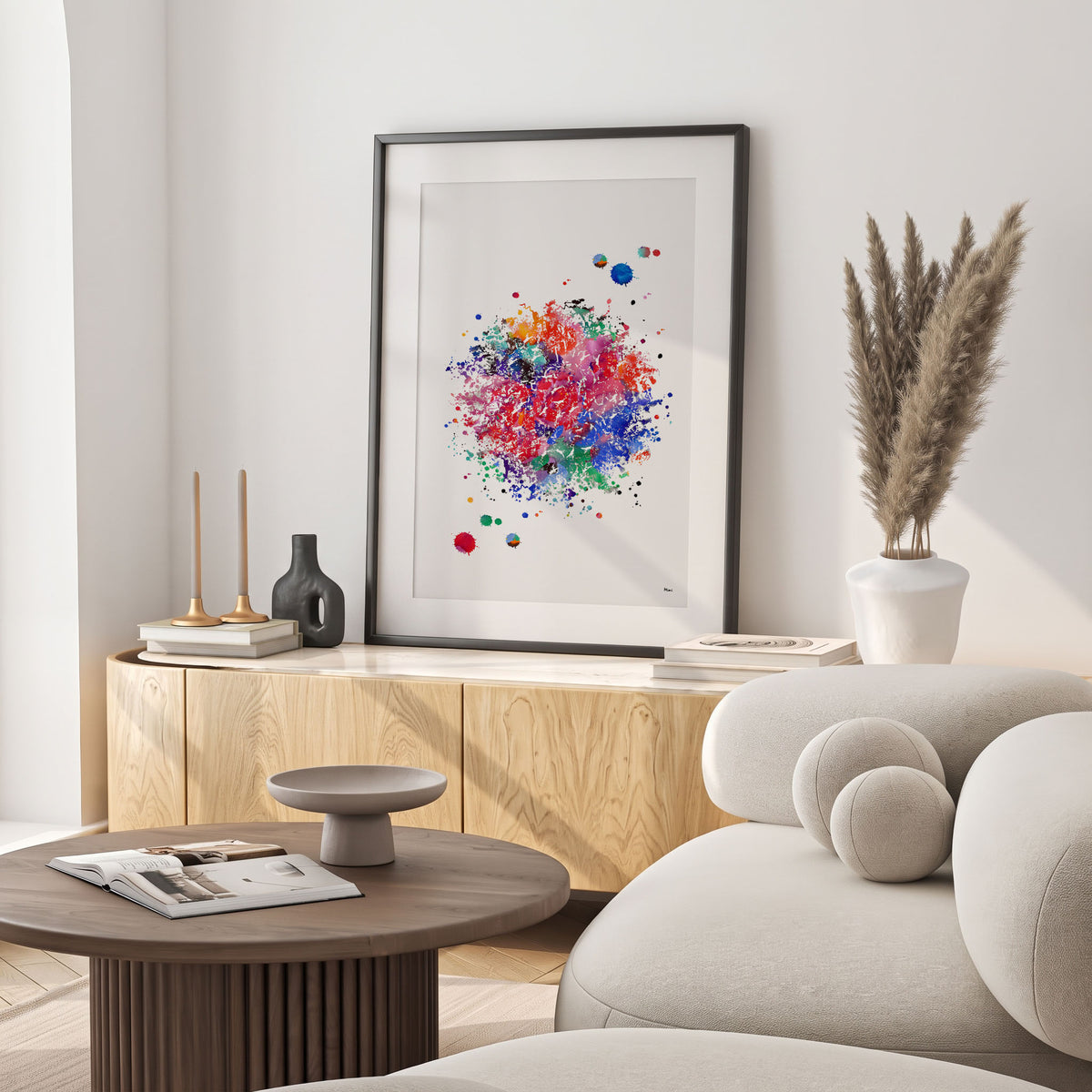 Framed t-cell immune system watercolor print in a warm living room