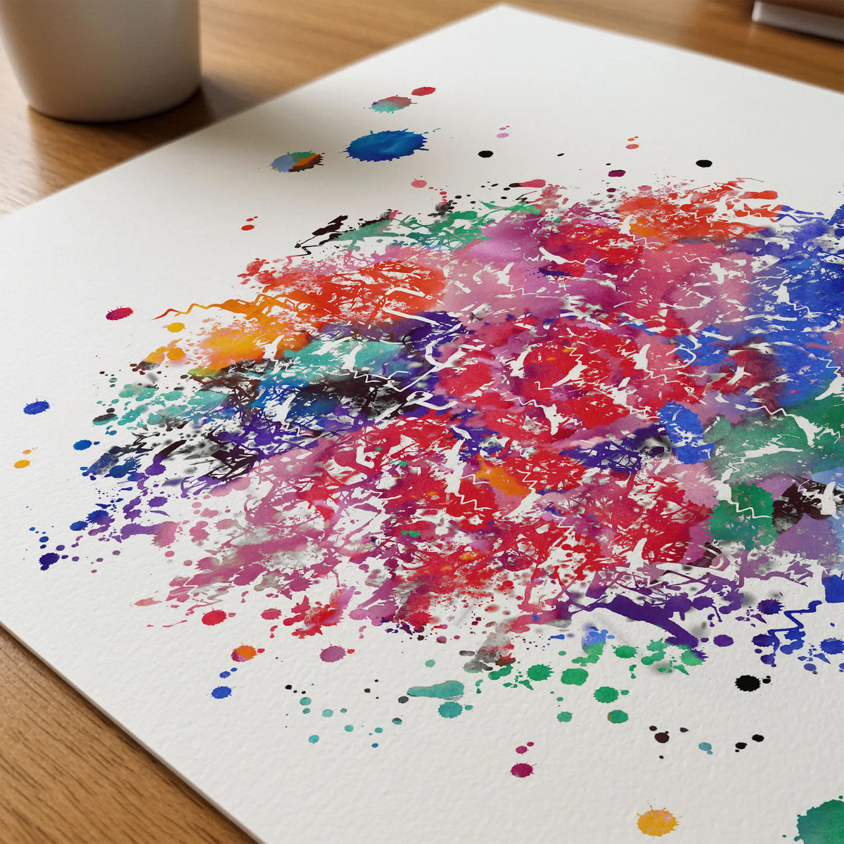 Close-up of t-cell immune system watercolor print showing paper texture and grain