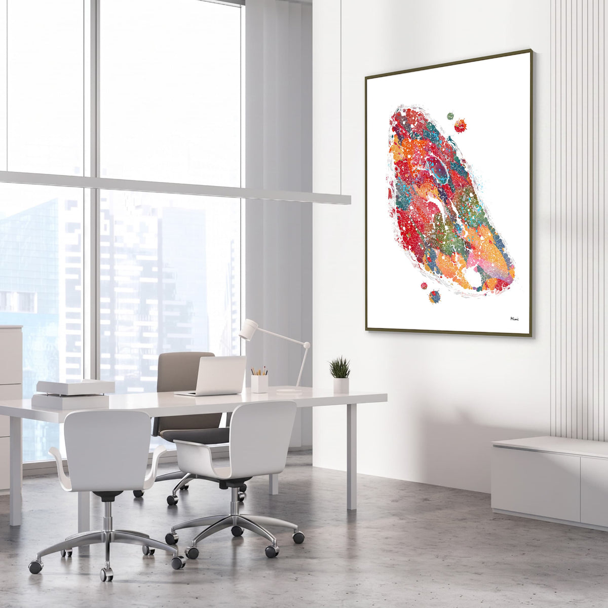 Framed thyroid & parathyroid watercolor print in an endocrinology clinic