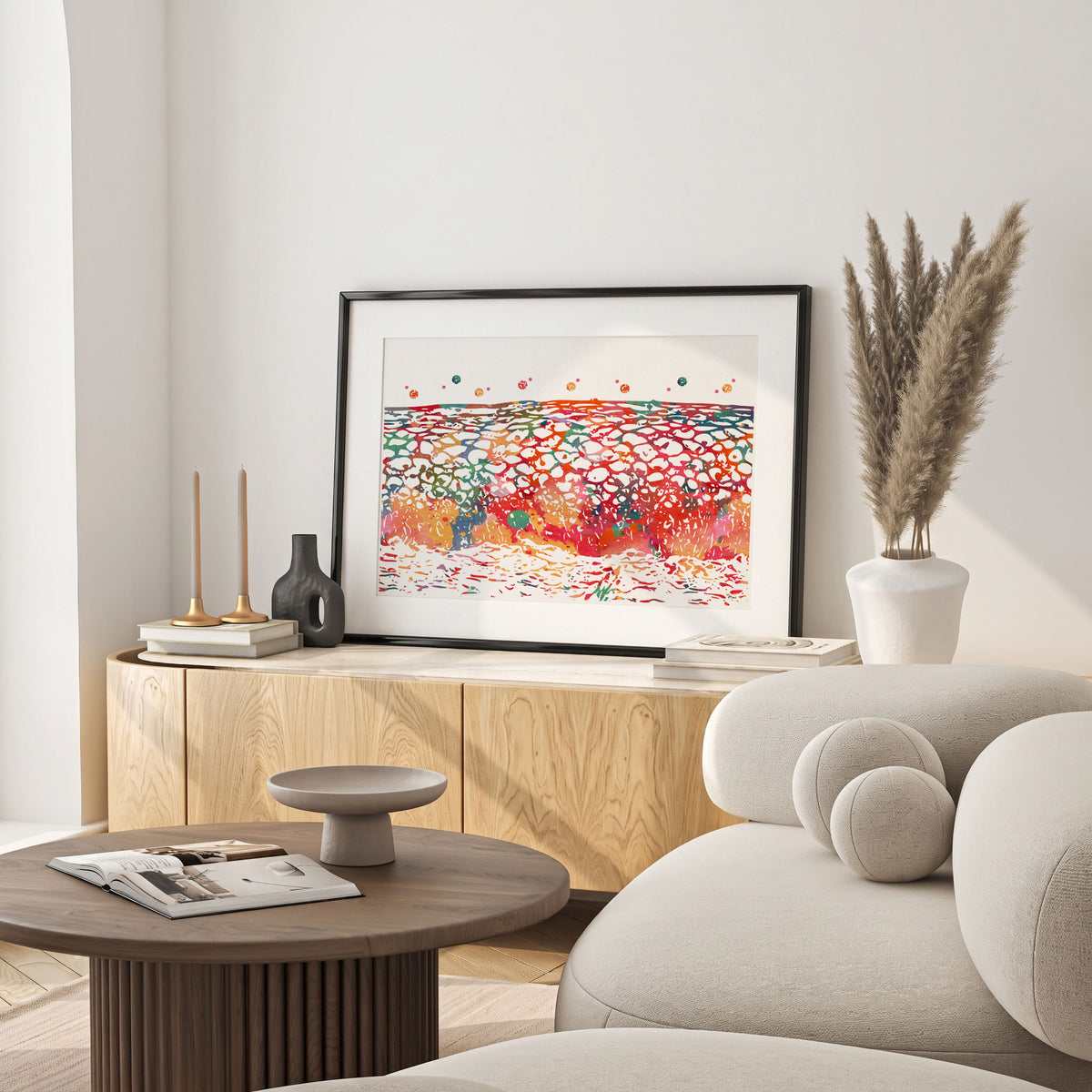 Framed uterine cervix & epithelial cells watercolor print in a warm living room