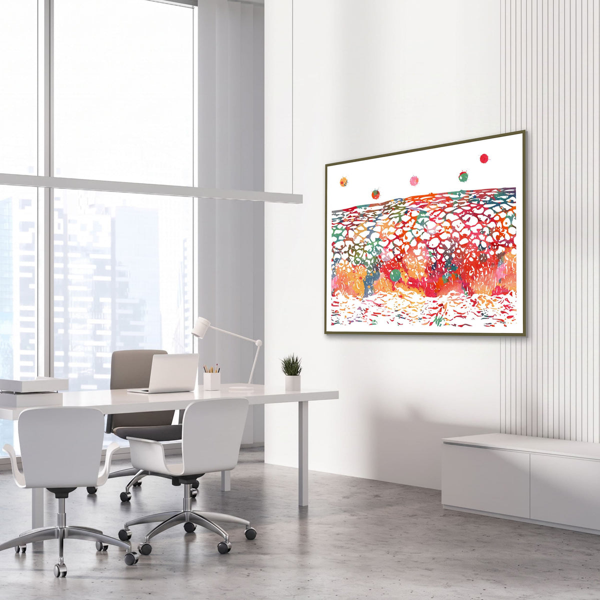 Framed uterine cervix & epithelial cells watercolor print in an OB-GYN clinic