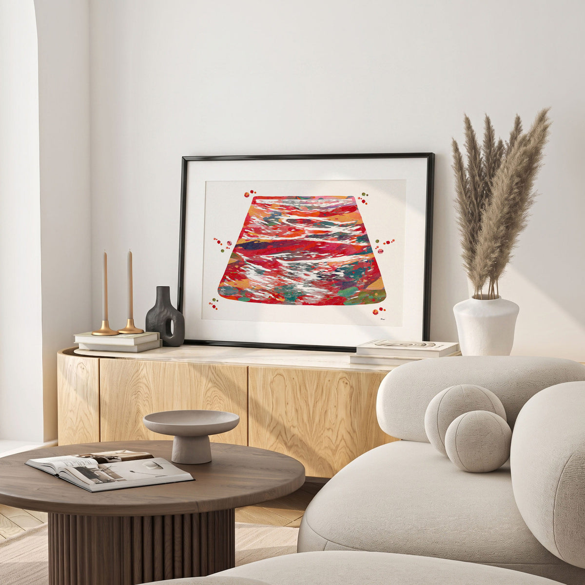 Framed venous ultrasound watercolor print in a warm living room