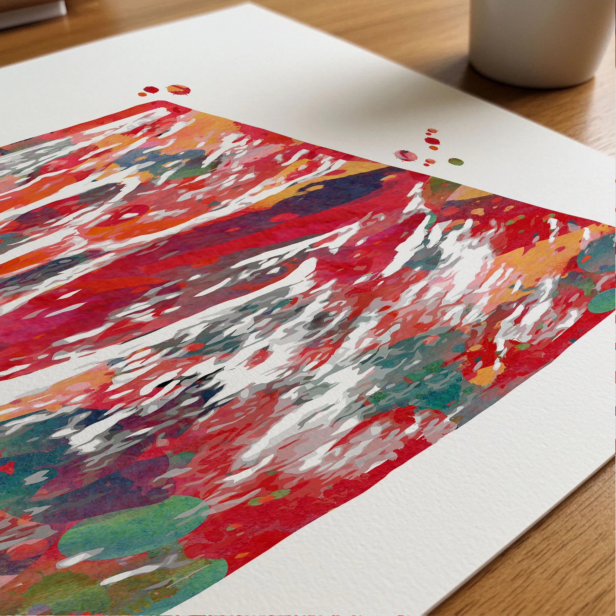 Close-up of a venous ultrasound watercolor print showing paper texture and grain