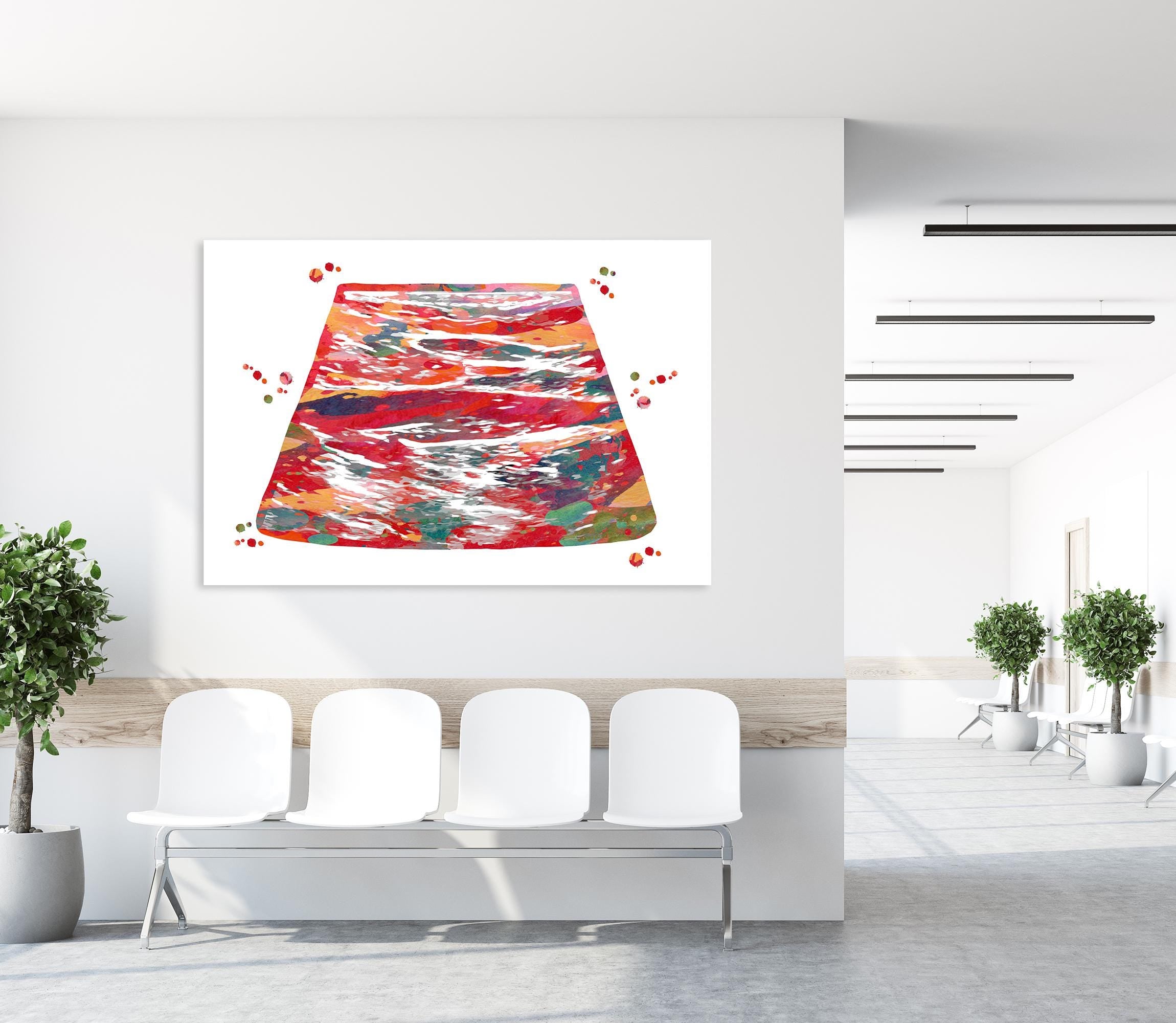 Modern medical clinic interior with a colorful abstract painting on a white wall.