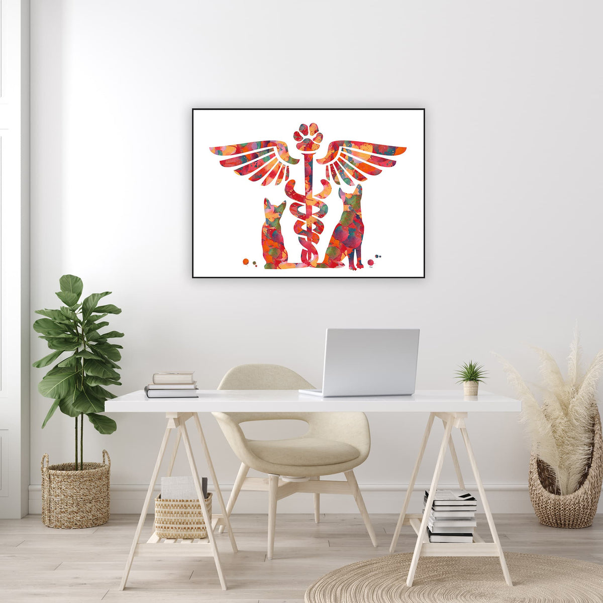 Framed vet caduceus cat & dog watercolor print in a veterinary office