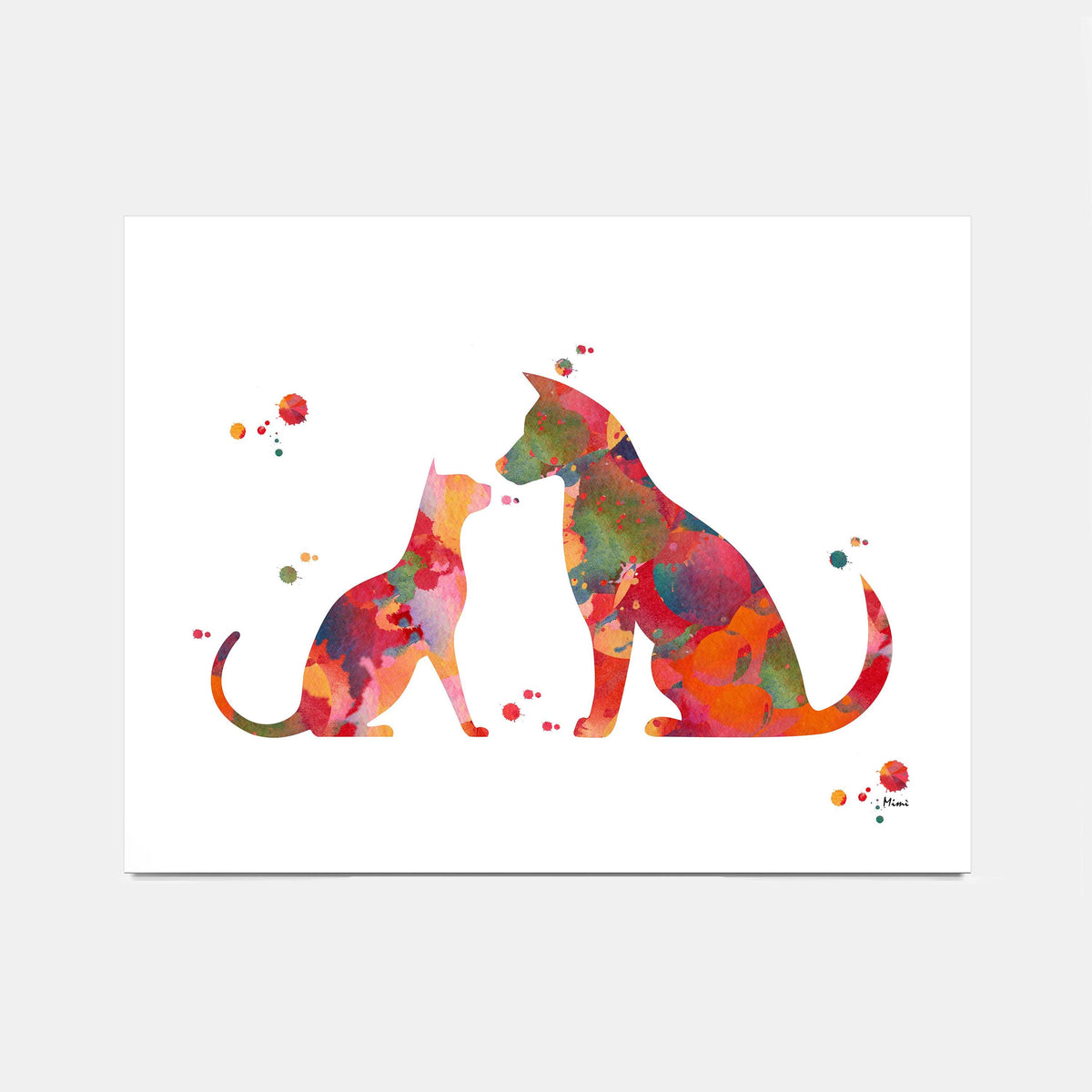A watercolor art print featuring a dog with a cat in colorful splattered shapes on a white background.