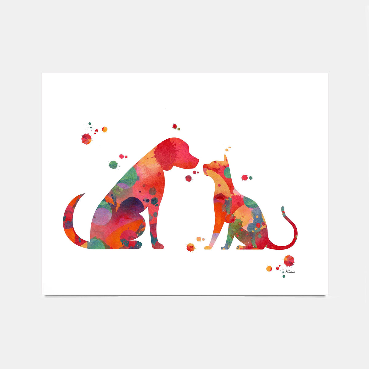 A watercolor art print featuring a dog and cat in colorful splattered shapes on a white background, shown against a light gray studio backdrop.