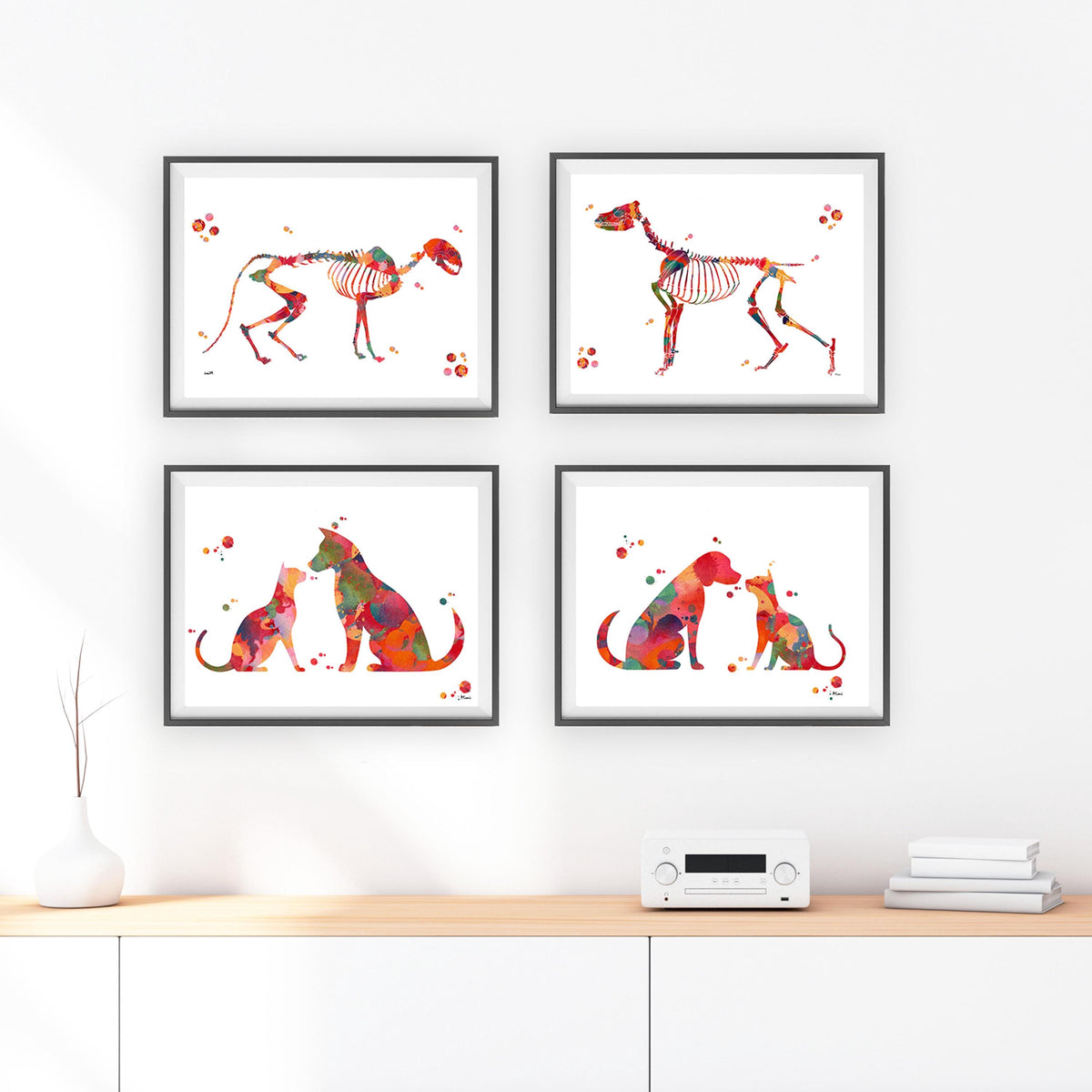 Veterinary print set watercolor print hanging in a living room