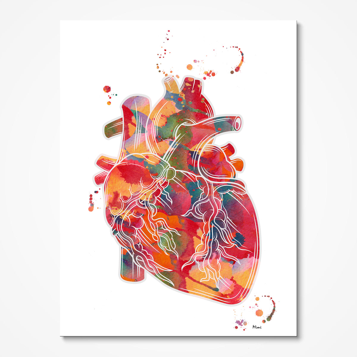 Vibrant abstract anatomical heart watercolor art print for cardiology office wall decor