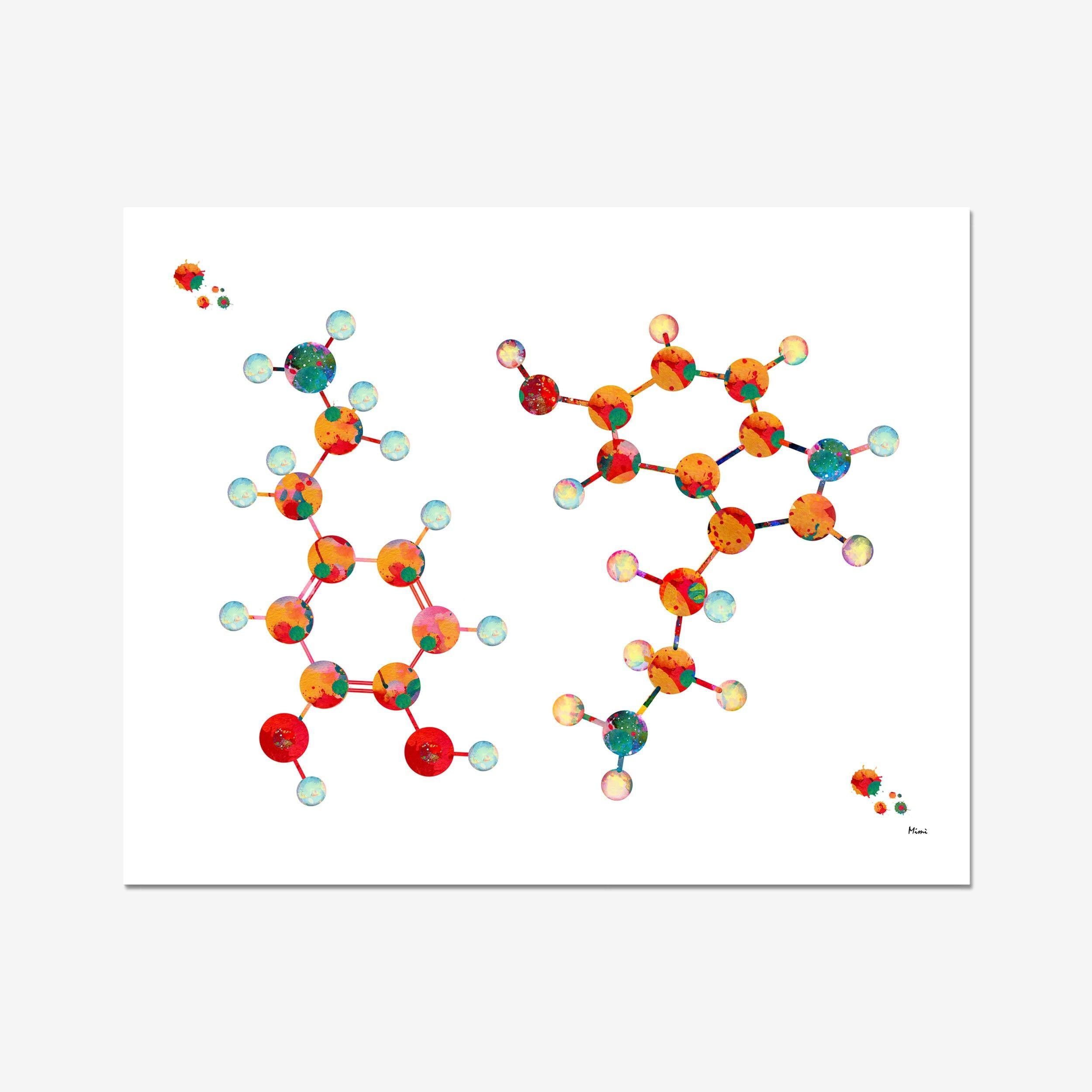 Serotonin and Dopamine Science Print Serotonin&Dopamine Neurotransmitters Chemical Formula Poster