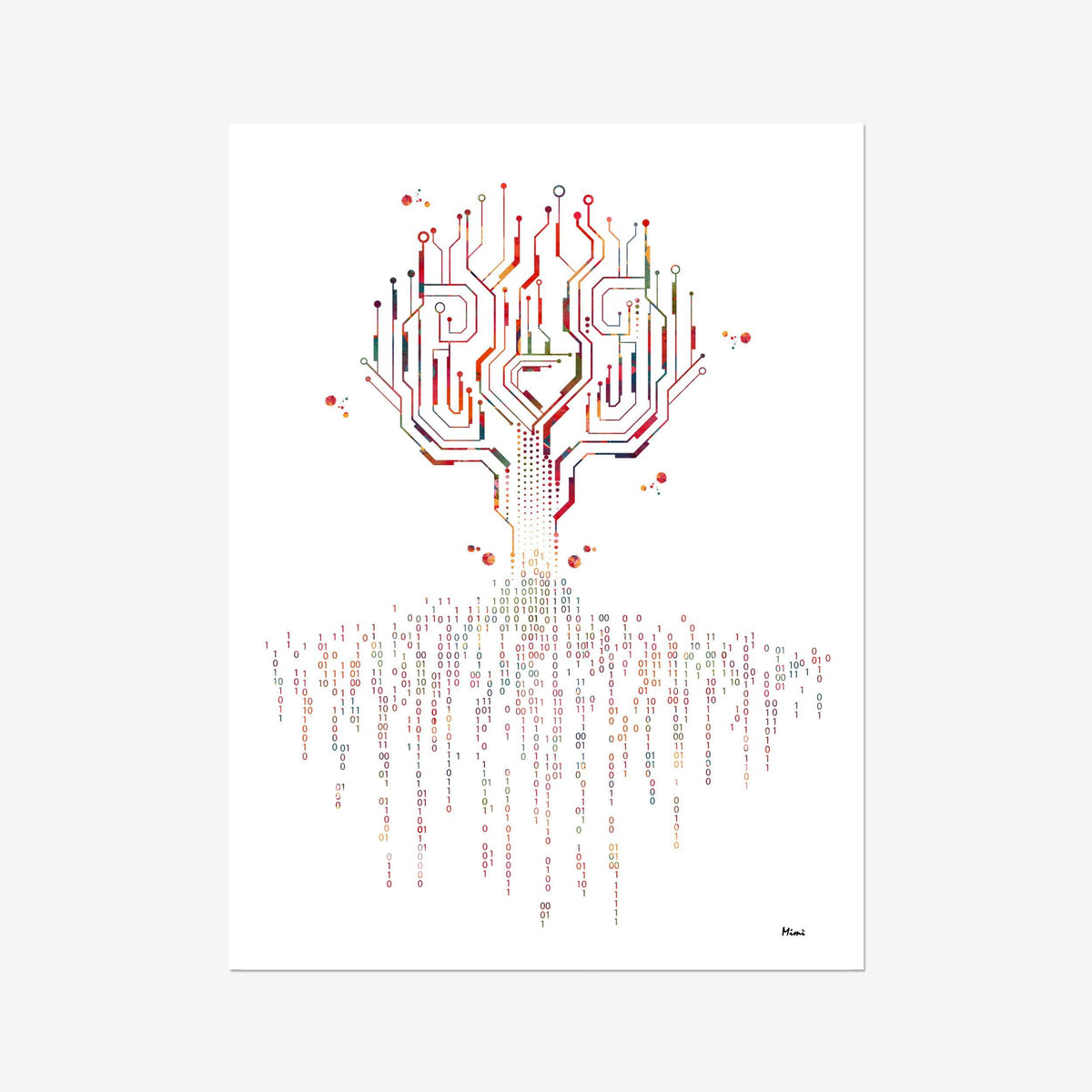 Binary Code Tree watercolor art print for technology office wall decor
