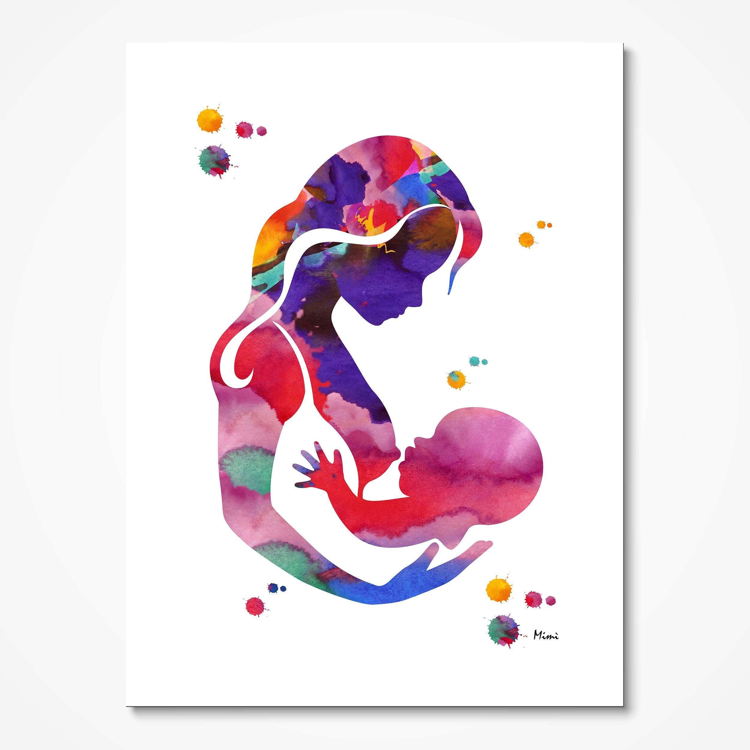 Breastfeeding Mother & Baby watercolor art print for nursery wall decor