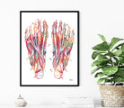 Colorful abstract art print of the human feet anatomy on a white wall with a plant and decor items below.
