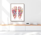 Colorful foot anatomy 
illustration art print on a white wall