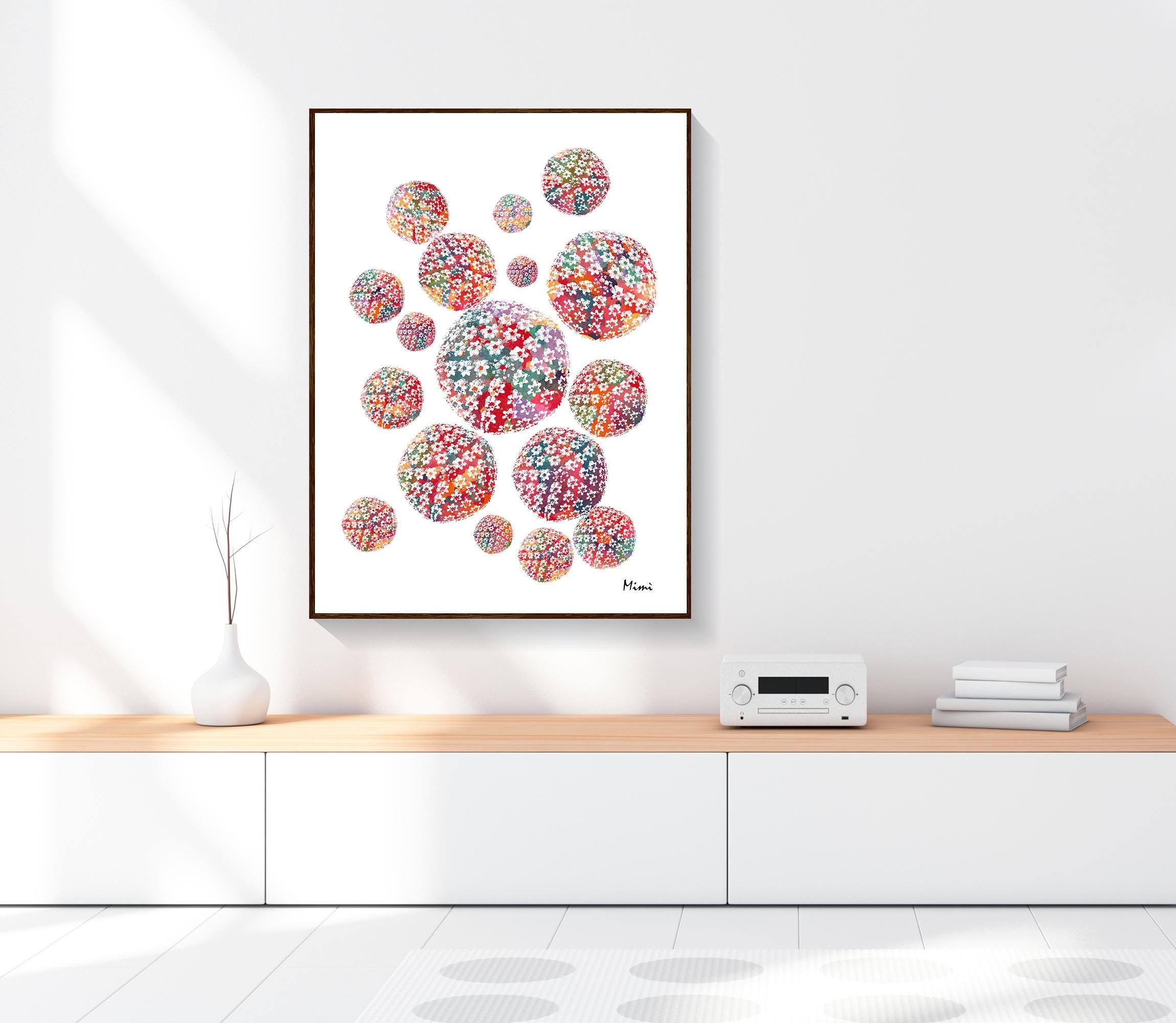 Framed science art print on a wall above a wooden shelf.