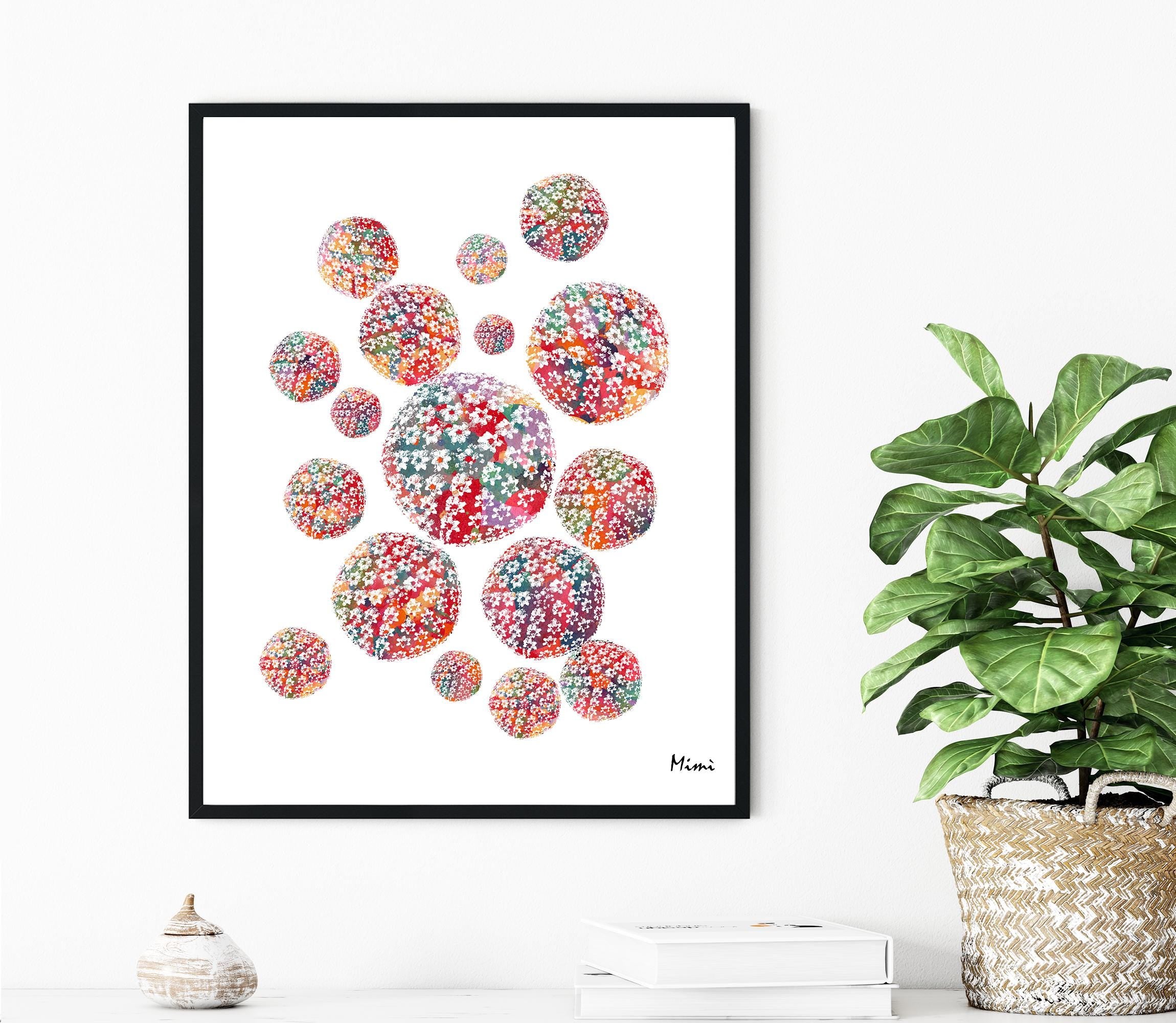 Framed artwork with colorful Herpes Simplex Virus Structure Watercolor on a white wall, next to a plant.