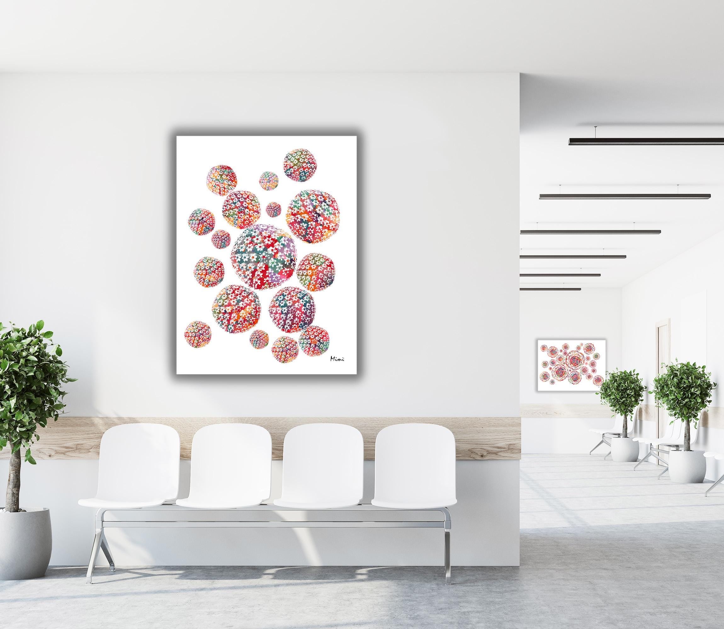 Colorful abstract biology art on a wall in a clinic interior setting with white chairs and plants.