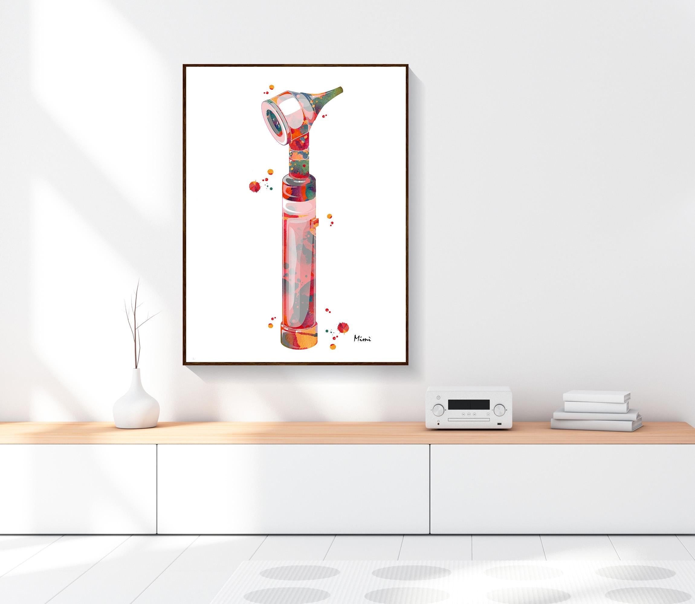 Framed artwork of a colorful otoscope on a white wall above a wooden shelf.