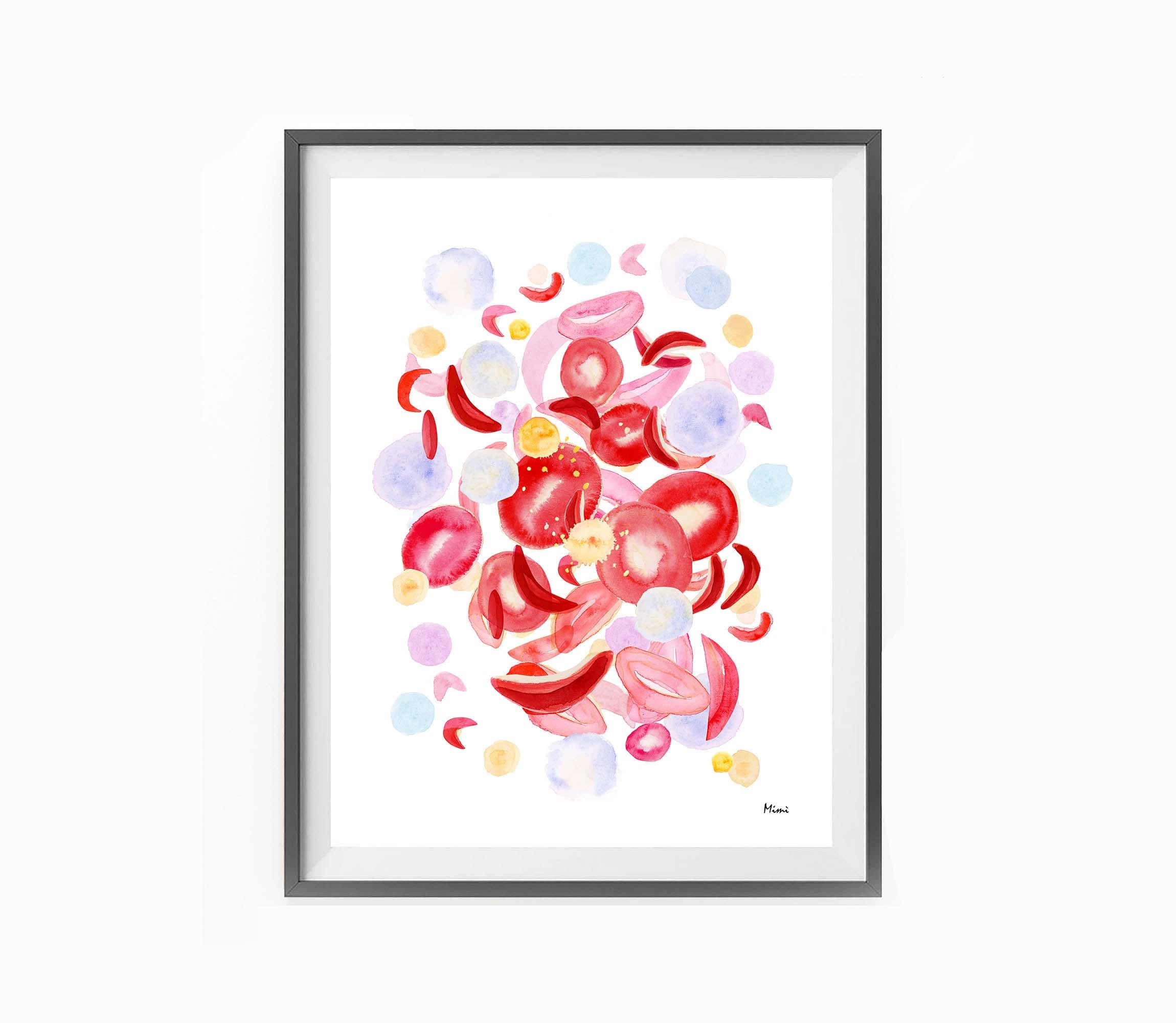 Colorful sickle cell anemia hematology watercolor print with red, pink, and blue blood cells on a white background. Framed Version